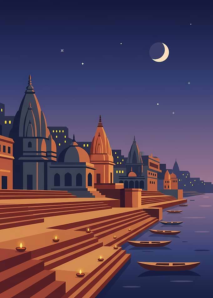 Varanasi Ghats at Night Illustration