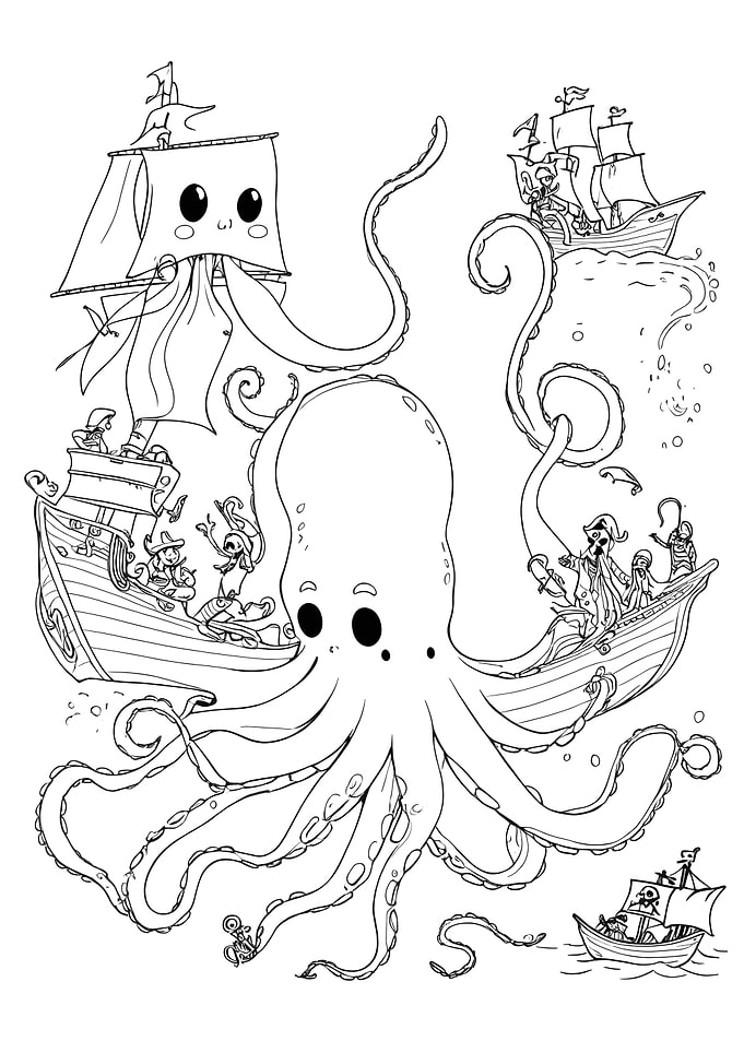 Cute Octopus Pirate Ship Coloring Page