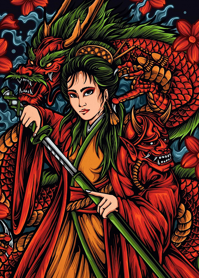 Samurai Woman with Dragon and Oni