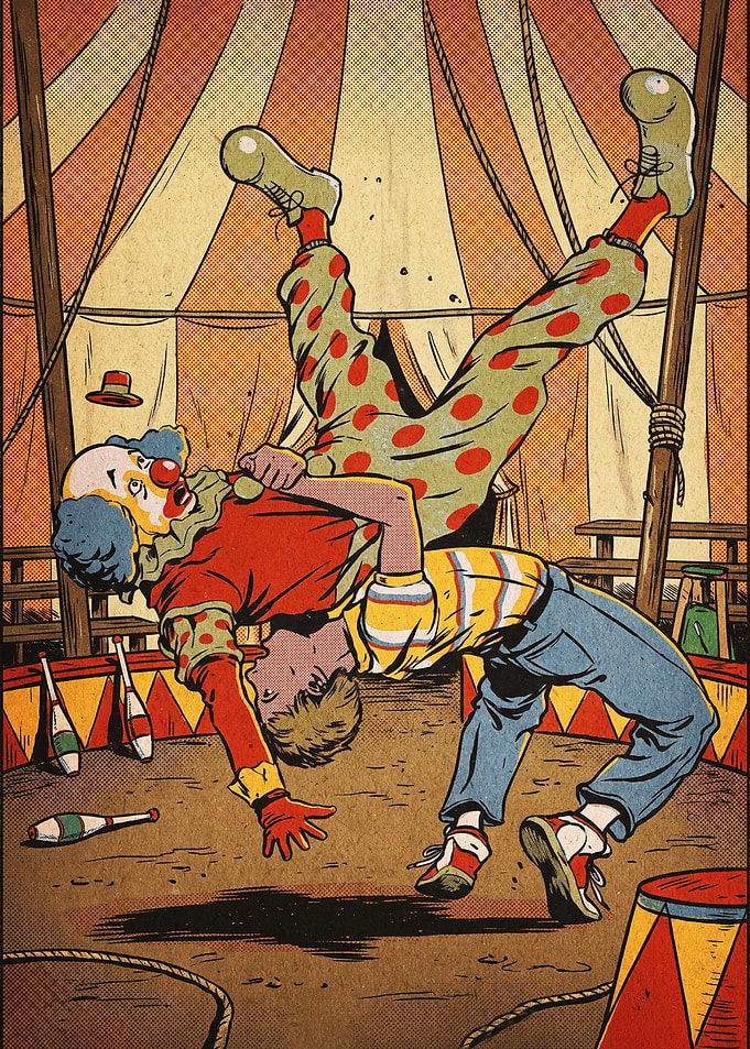 Clown Wrestling a Man in Circus