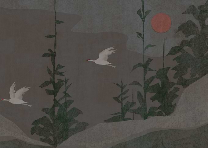 Minimalist Japanese Cranes and Sun