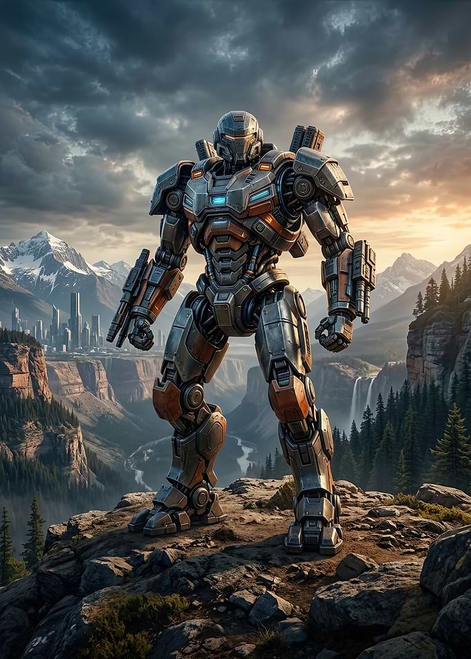 Futuristic Mech Standing on Mountain Cliff