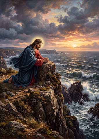 Jesus Praying on a Rocky Cliff