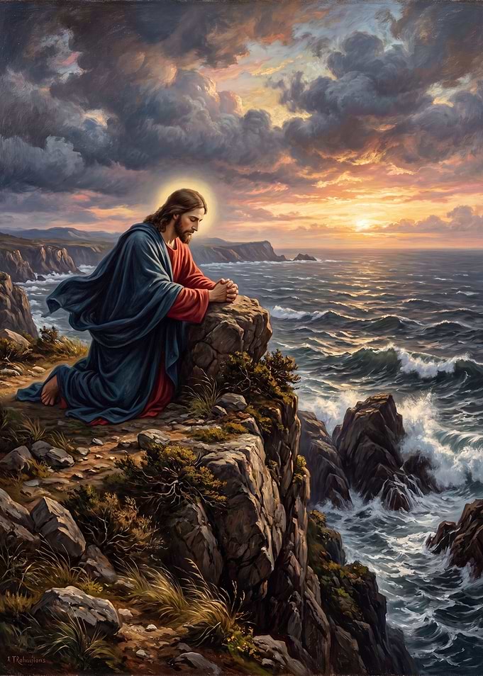 Jesus Praying on a Rocky Cliff