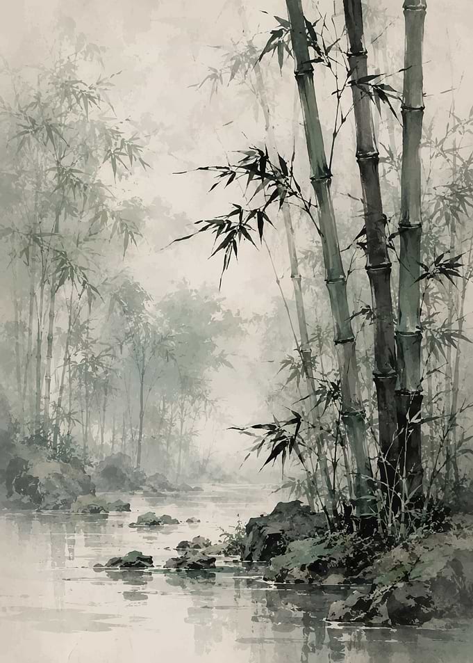 Misty Bamboo Forest River Scene