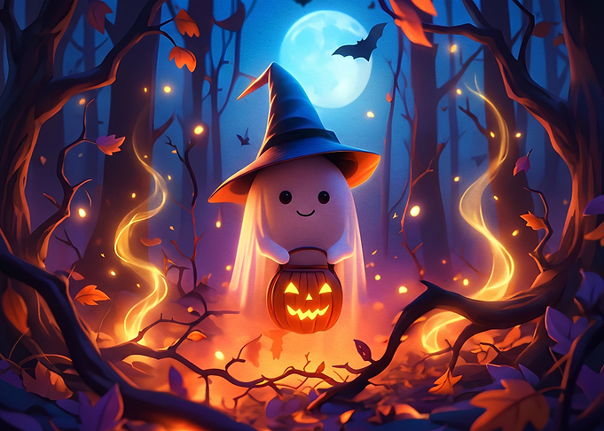 Cute Ghost with Pumpkin Bucket
