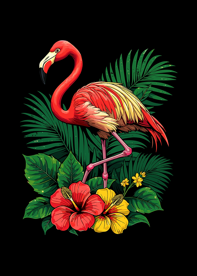 Tropical Flamingo with Hibiscus Flowers