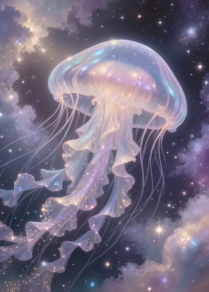 Celestial Jellyfish in Starry Space, Ethereal Cosmic Wall Art