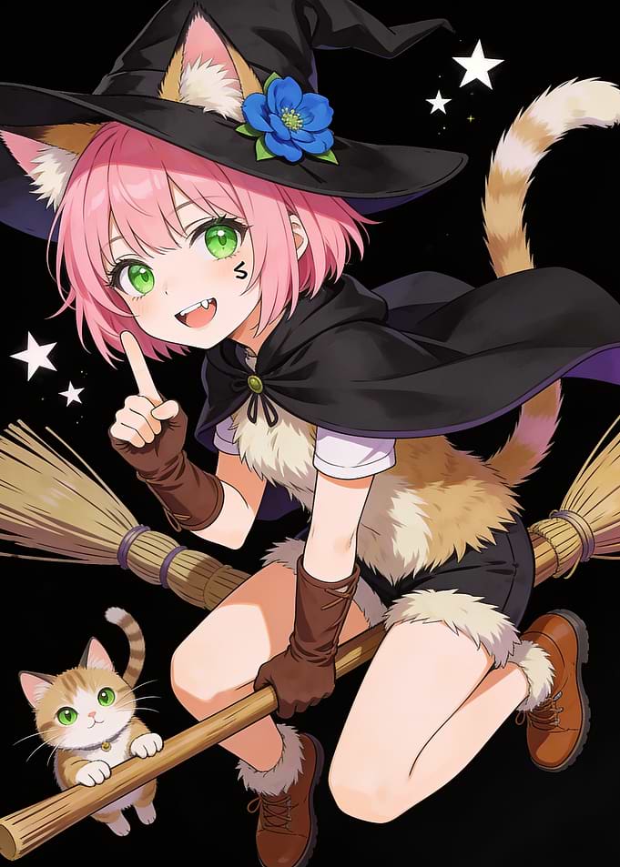 Cute Cat Girl Witch Flying