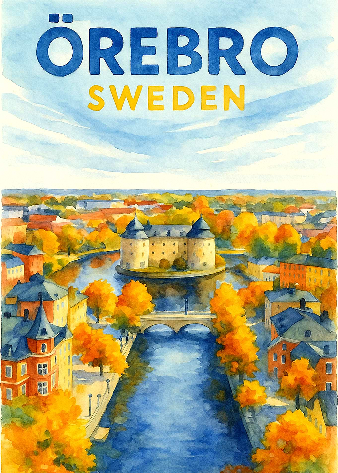 Ă–rebro Sweden Vintage Travel Poster | Watercolor Castle Wall Art