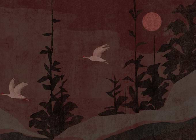 Cranes Flying Under Red Moon