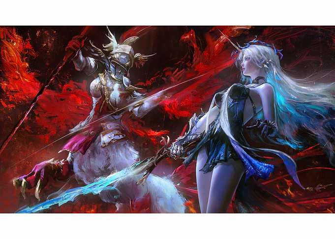 Fantasy Battle Between Knight and Sorceress