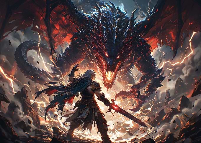 Warrior Facing a Massive Dark Dragon