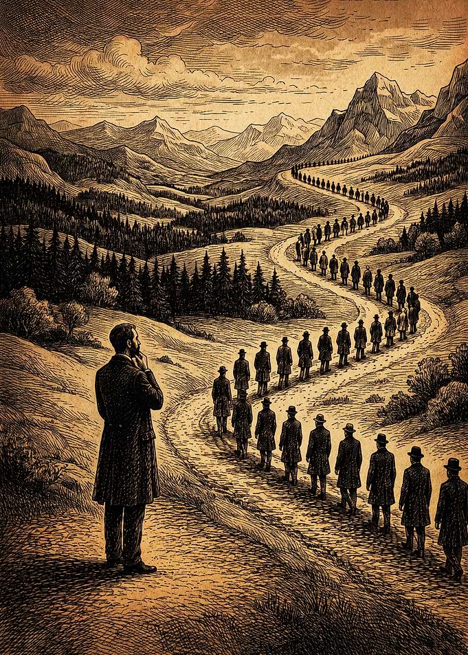 Man Watching a Procession of Figures