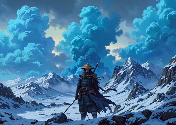 Lone Samurai in Snowy Mountains