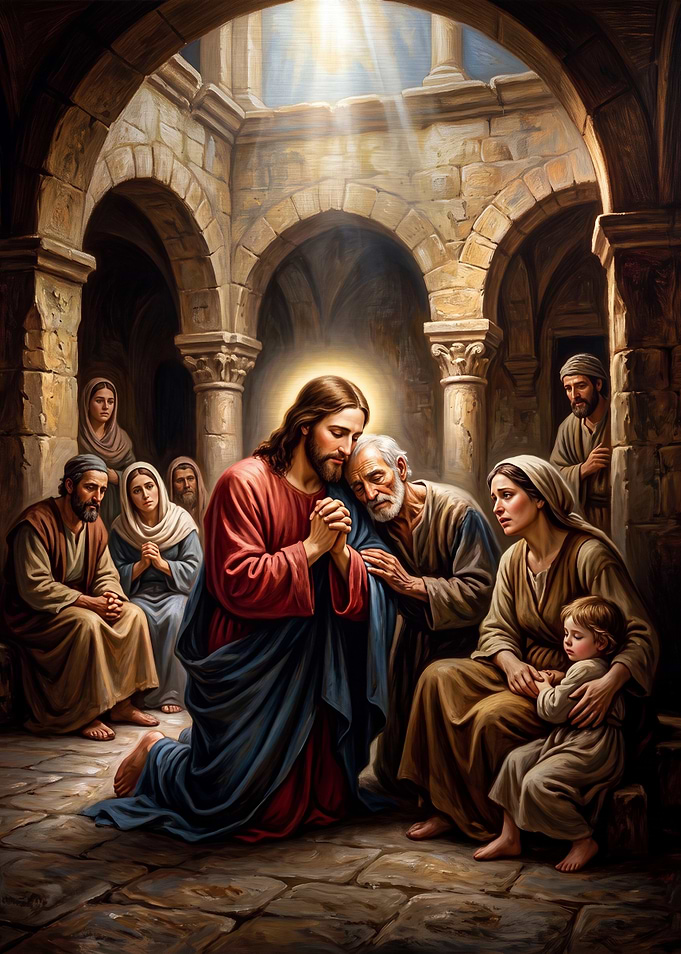 Jesus Praying with Followers