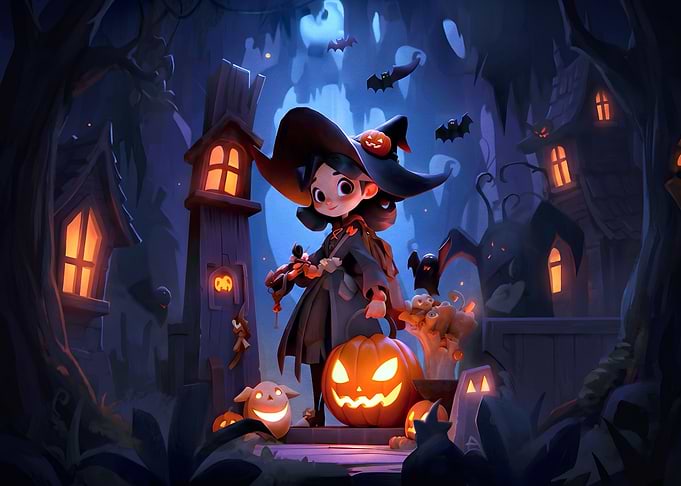 Cute Witch with Halloween Pumpkins