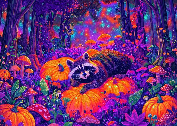 Psychedelic Raccoon in Enchanted Pumpkin Patch