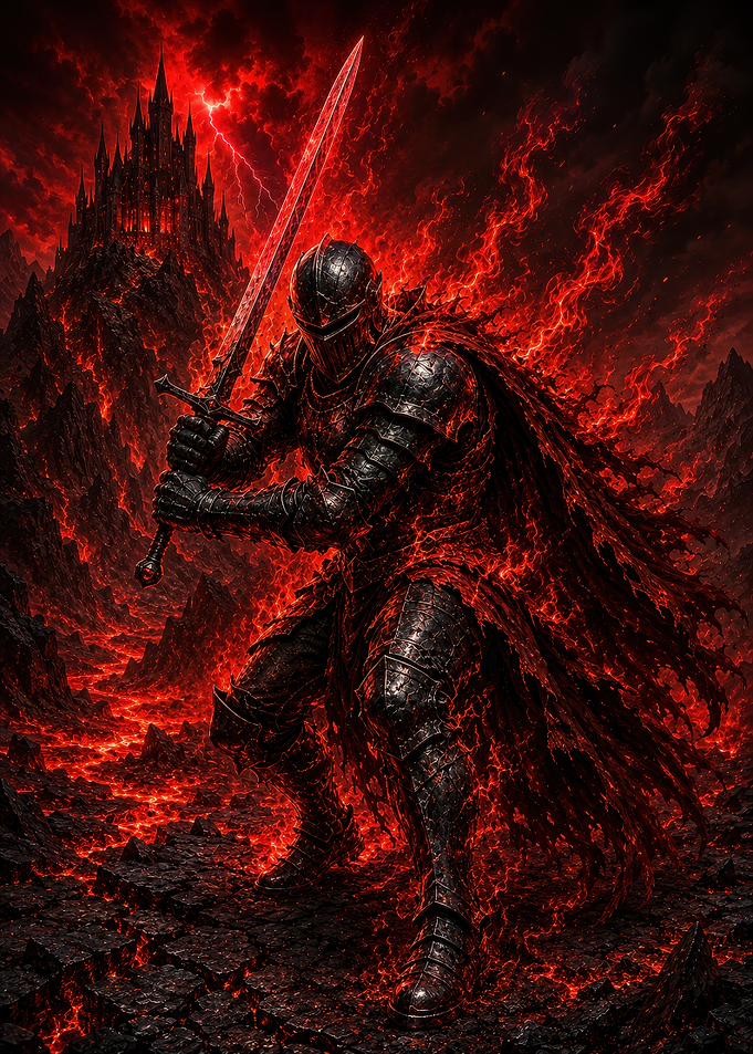 Dark Knight in Hellfire Landscape