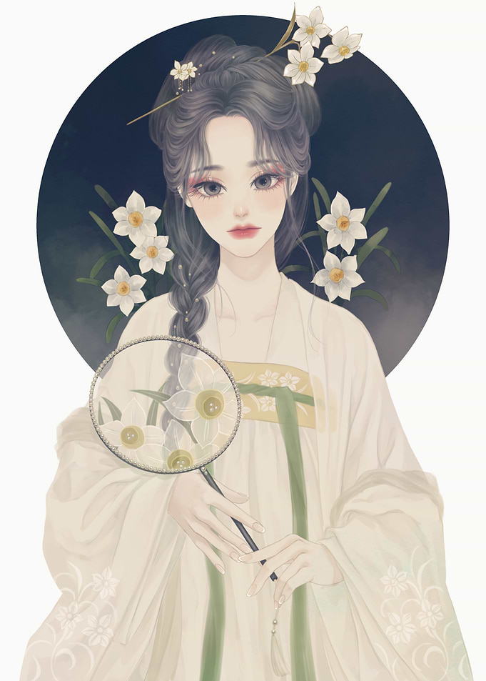 Elegant Woman with Daffodils Fan