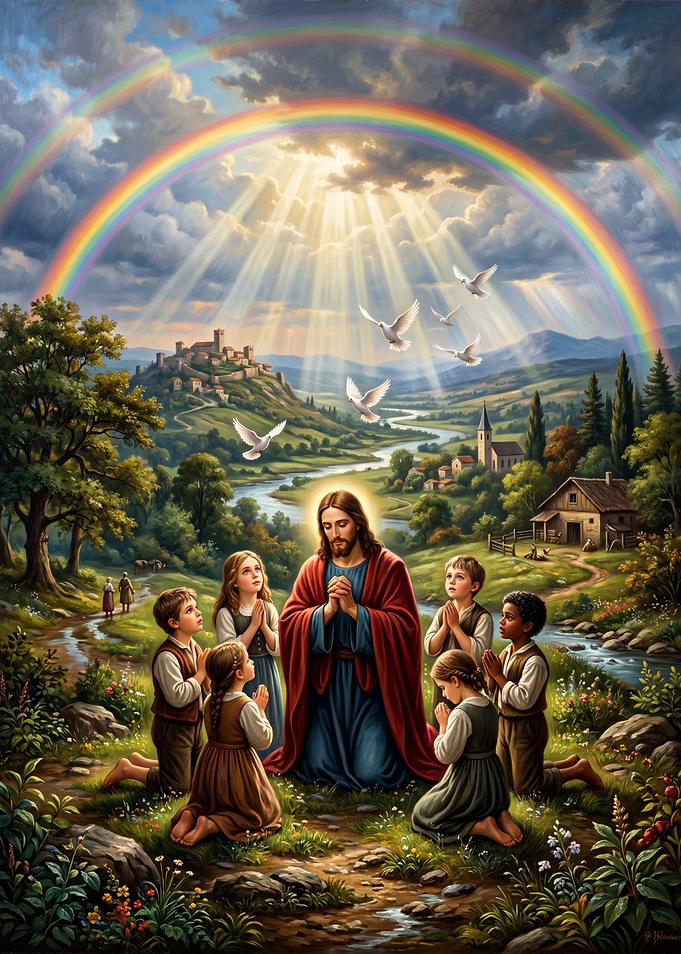 Jesus Praying with Children in Nature