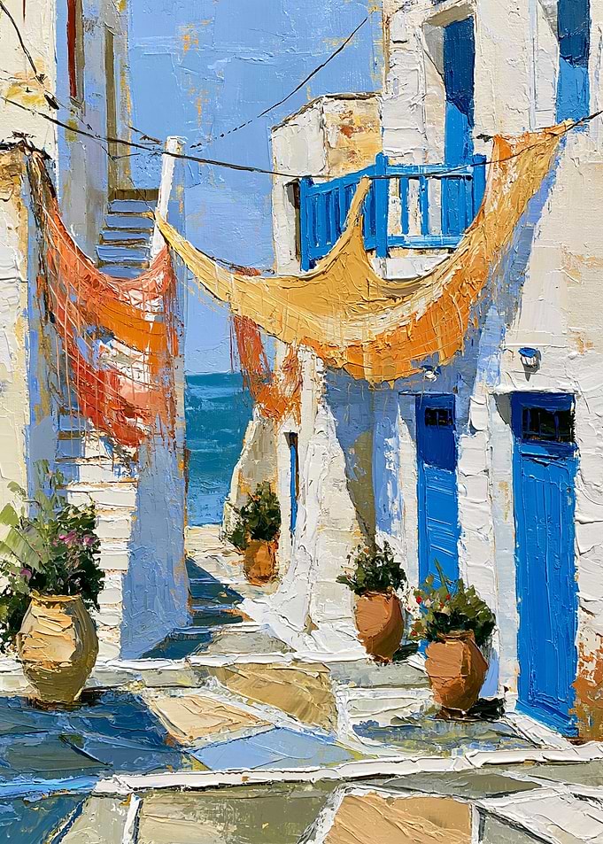 Sunlit Mediterranean Alley with Blue Doors and Sea View