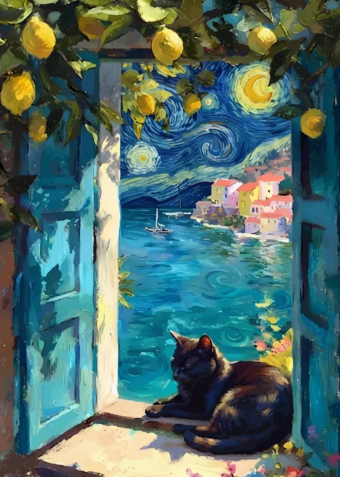 Black Cat by Mediterranean Window