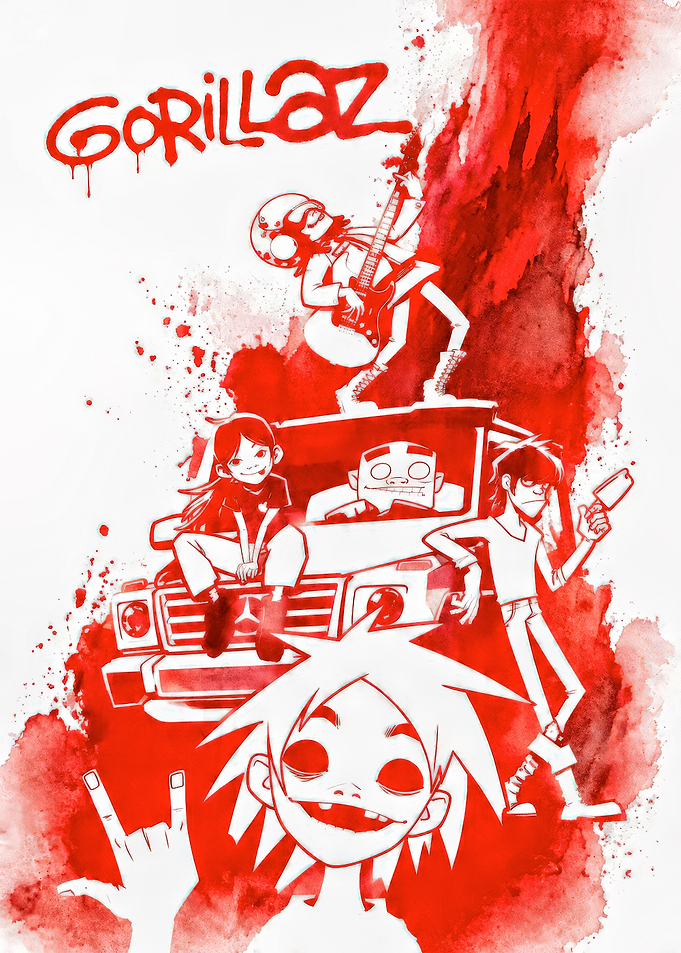 Gorillaz Red Watercolor Band Poster