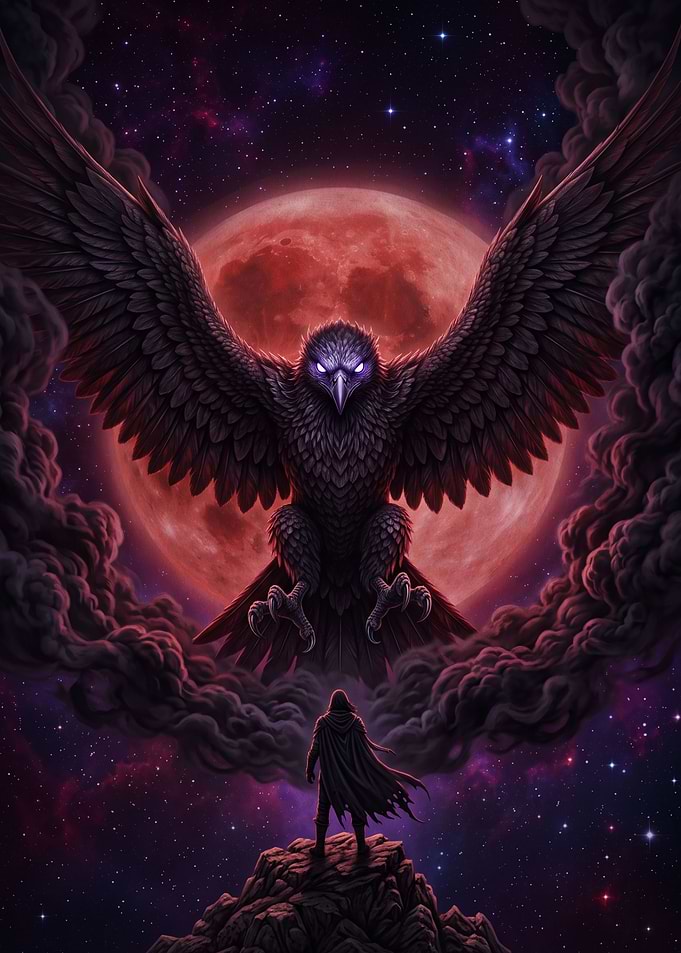 Cloaked Figure Facing Giant Raven