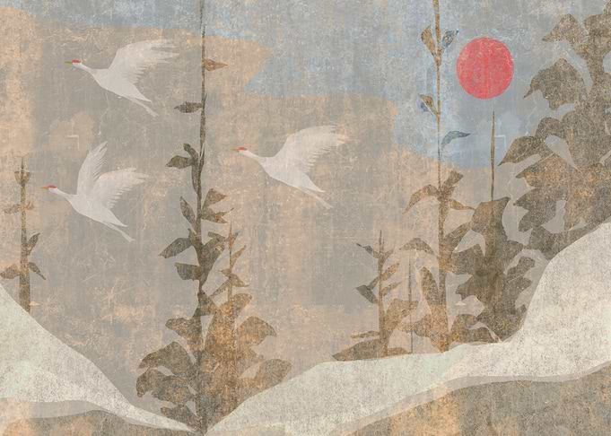 Japanese Cranes and Red Sun Art