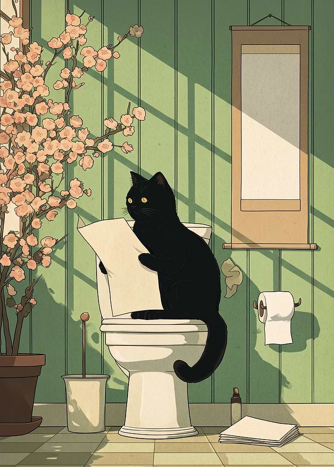 Black Cat Reading on Toilet