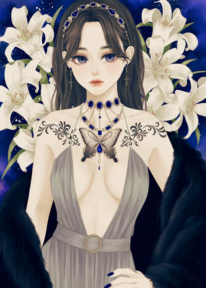 Elegant Anime Girl with Butterfly Tattoo