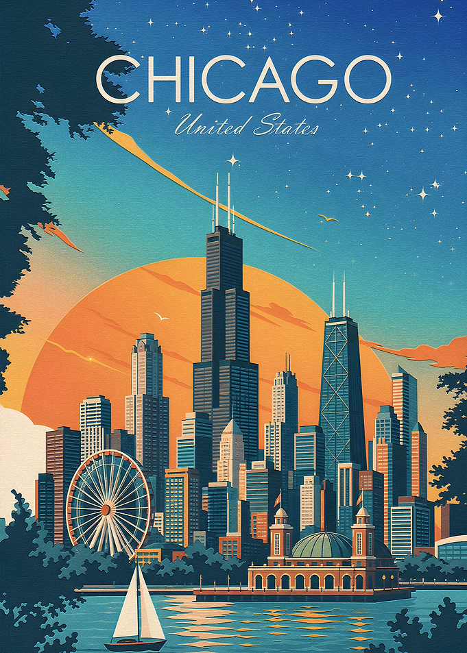 Vintage Style Chicago Skyline Travel Poster