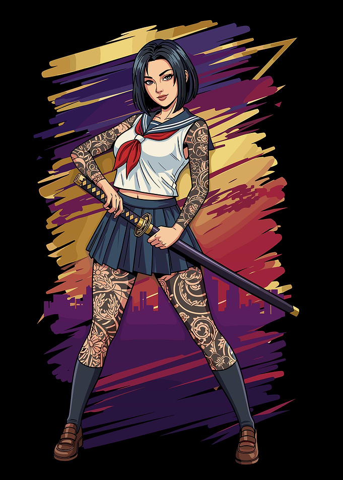 Tattooed Anime Schoolgirl with Katana