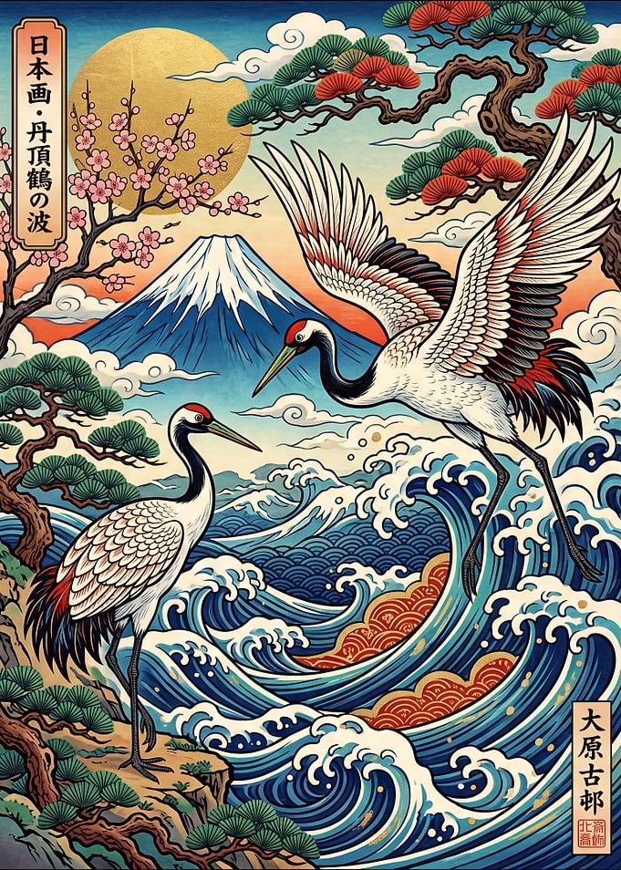 Japanese Red-Crowned Cranes and Fuji