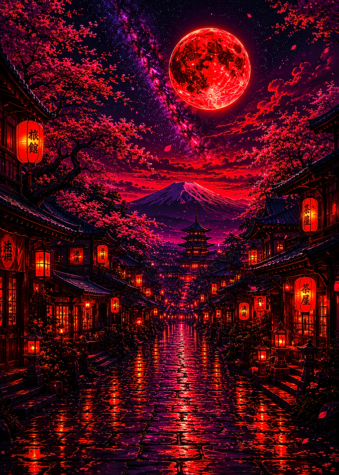 Red Moon Over Traditional Japanese Village