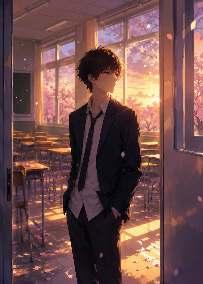 Anime Boy in Sunset Classroom