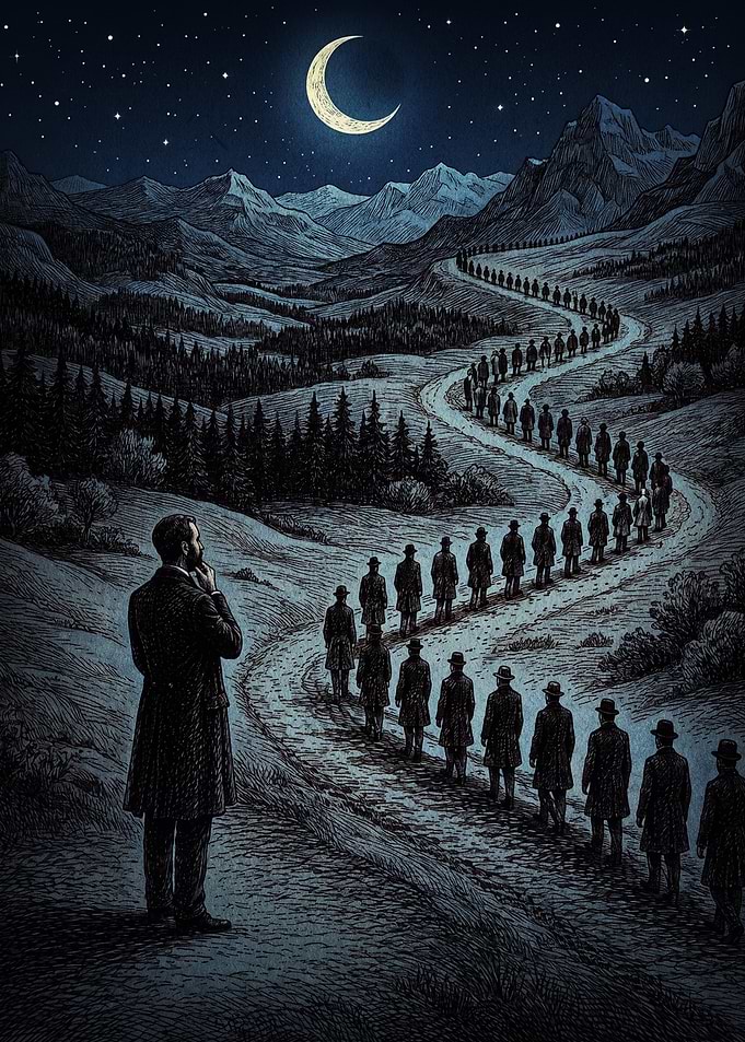 Man Watching a Line of Travelers