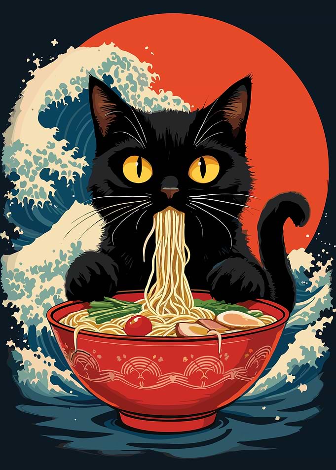 Black Cat Eating Ramen Illustration
