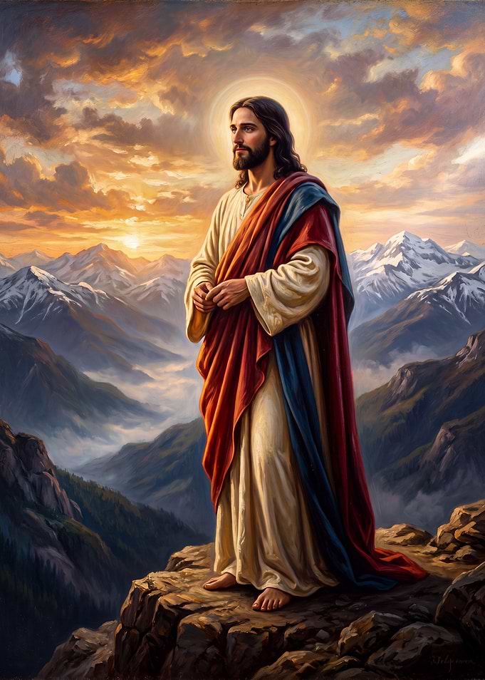 Jesus Standing on Mountain Peak