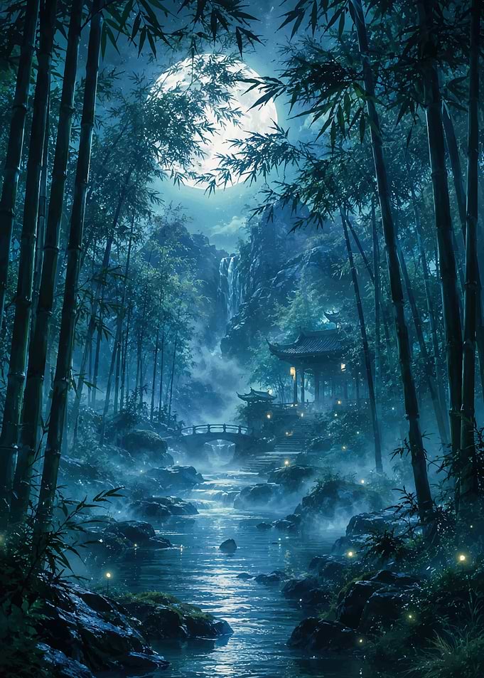 Moonlit Bamboo Forest Temple