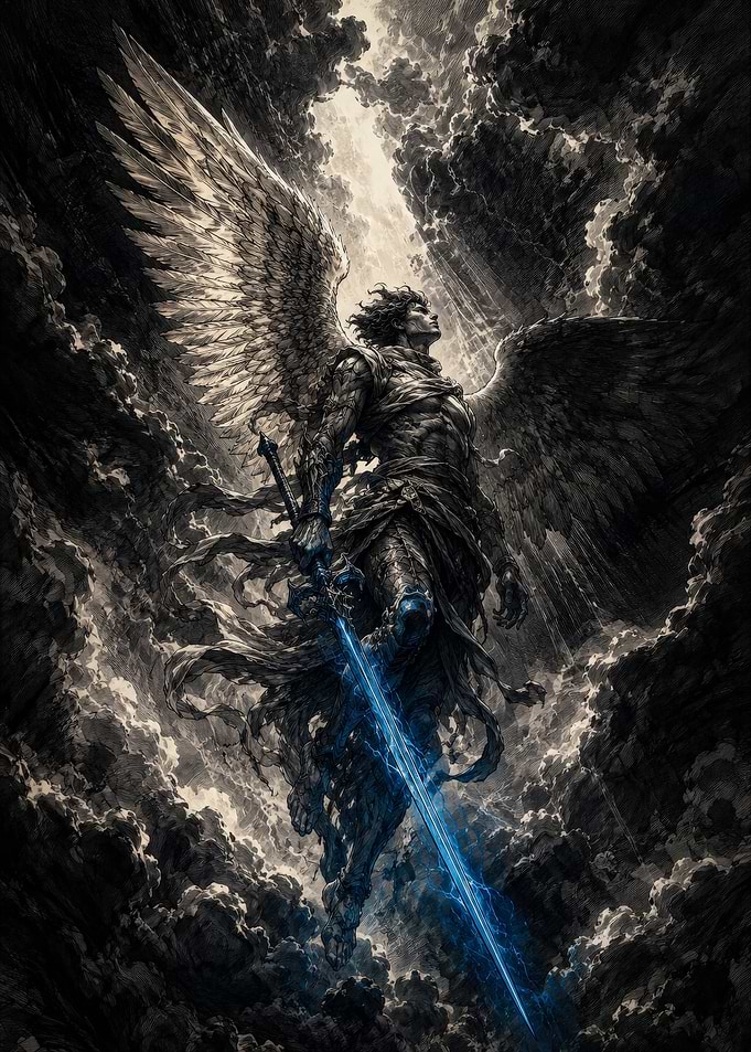 Warrior Angel with Glowing Blue Sword