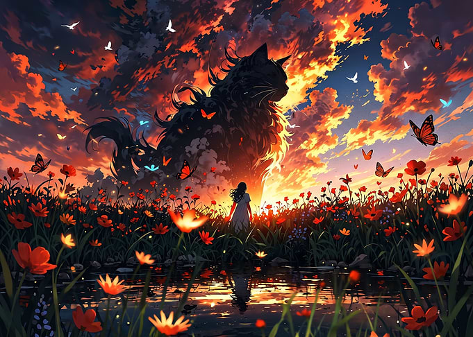 Giant Cat Spirit in Sunset Meadow