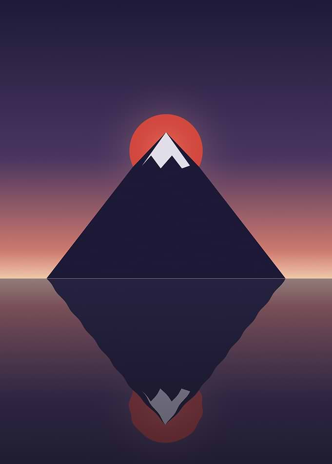 Mount Fuji - Minimalist Red Sun and Lake Reflection
