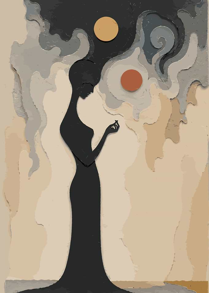 Abstract Silhouette Woman with Celestial Orbs