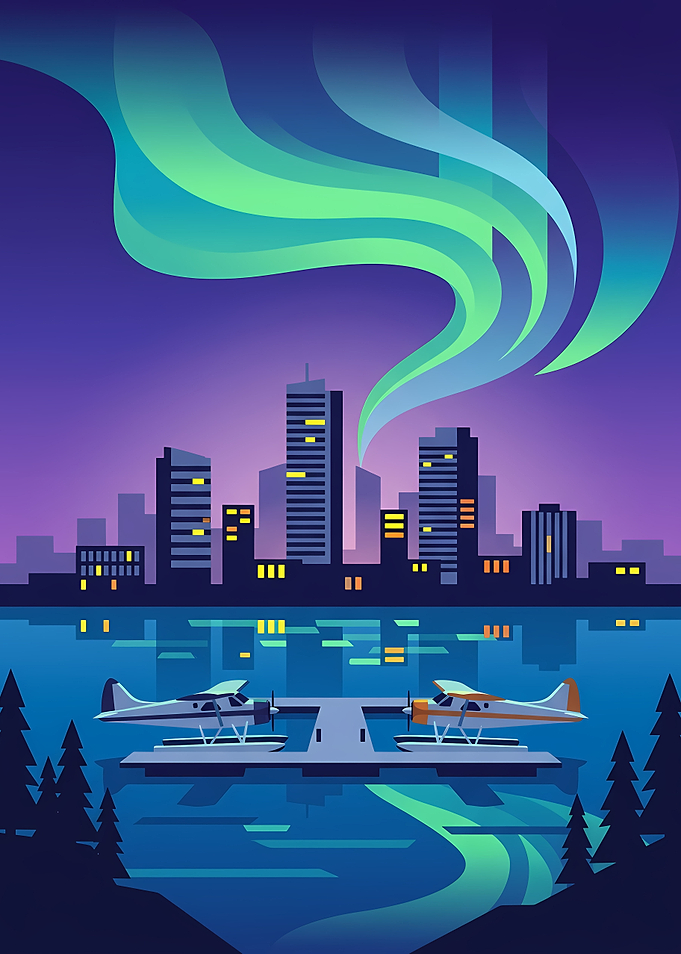 Seaplanes at City Waterfront Under Aurora