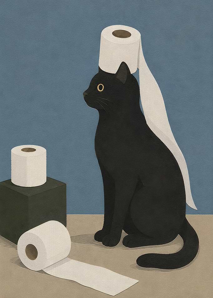 Black Cat with Toilet Paper Rolls