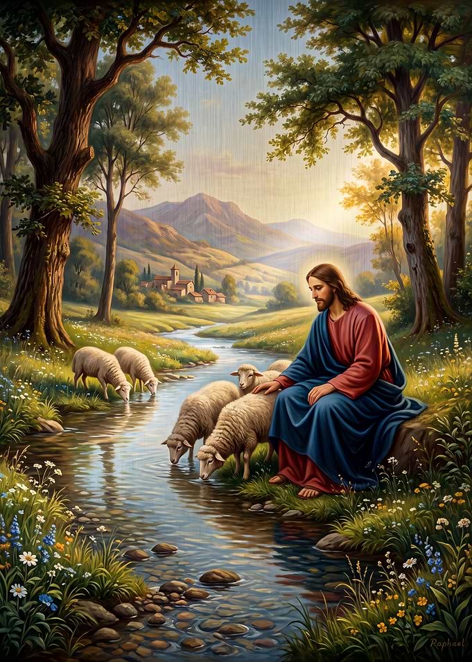 Jesus Christ with Sheep by Stream