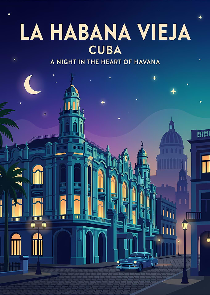 La Habana Vieja Cuba Night Poster