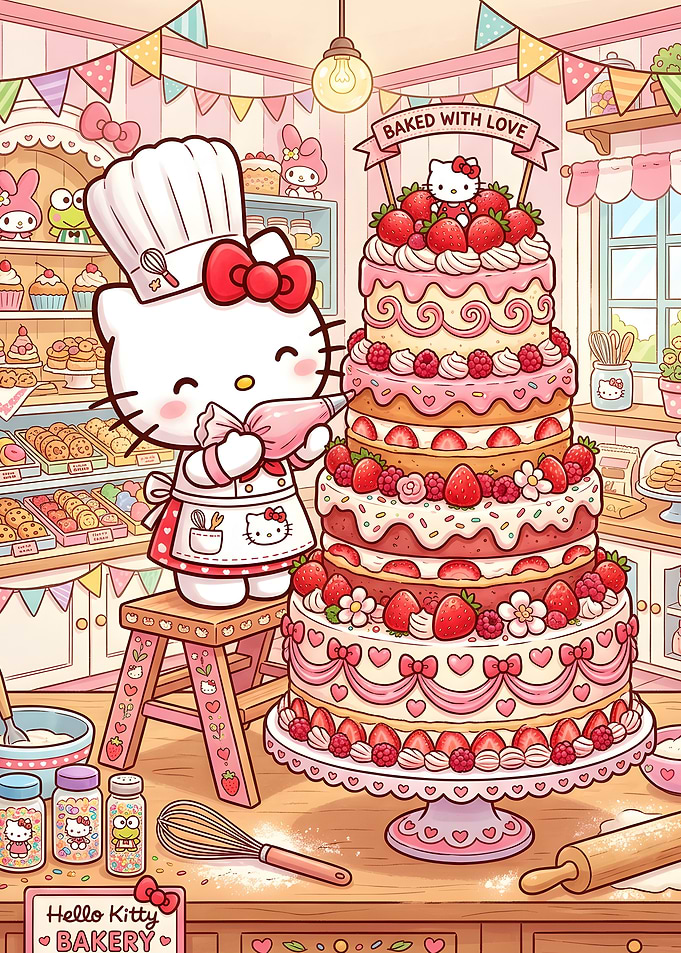 Hello Kitty Baking a Strawberry Cake